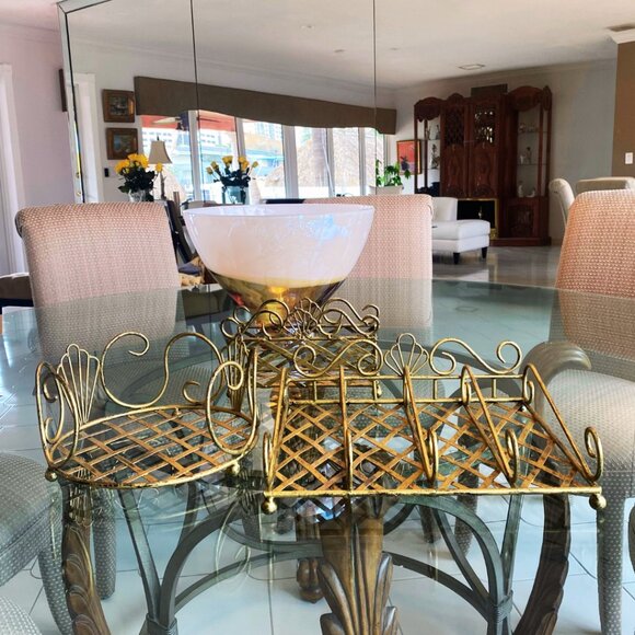 Set of 3 Metal Plate, Silverware, and Napkin Holders, Antiqued Distressed Gold - Picture 3 of 12